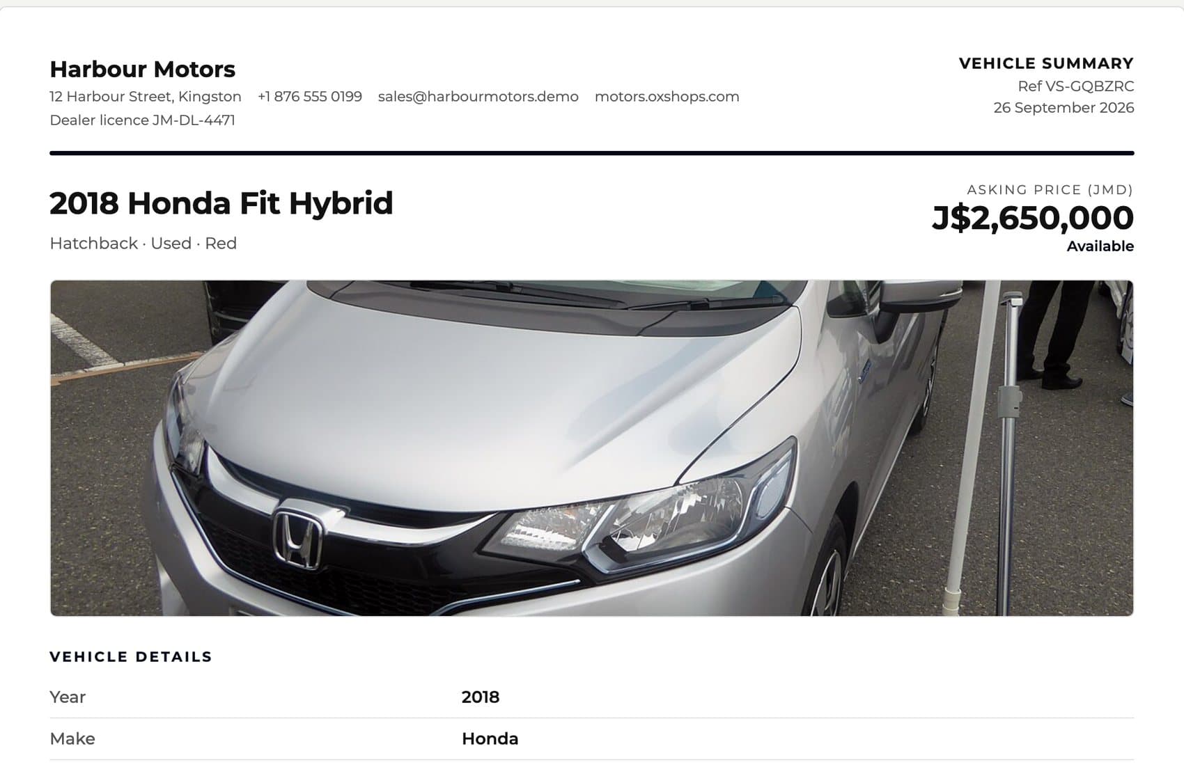 Un resumen imprimible de una página con el membrete de Harbour Motors: dirección, teléfono y correo, licencia de concesionario JM-DL-4471, número de referencia y fecha, una foto de un Honda Fit Hybrid 2018 y un precio de J$2,650,000.