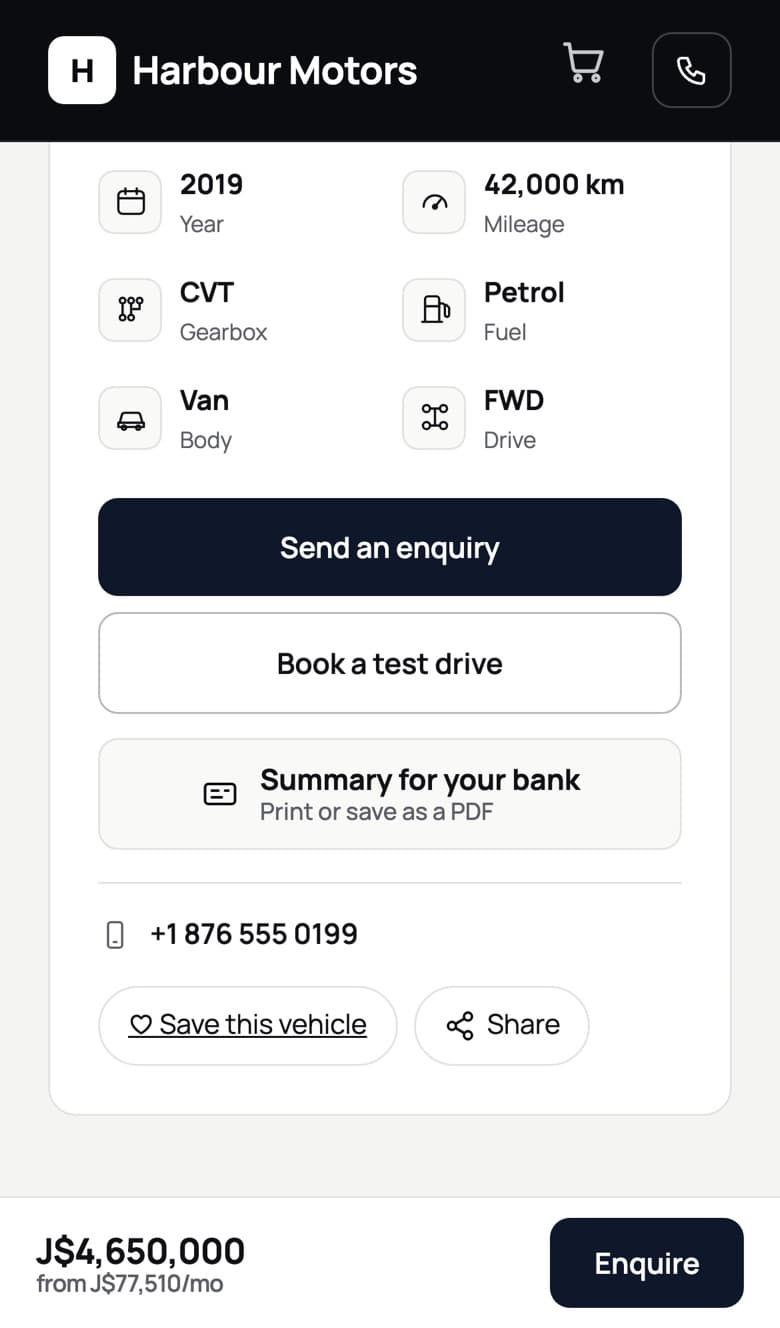 La misma Voxy en el teléfono, más abajo: año, kilometraje, transmisión, combustible, carrocería y tracción, luego los botones «Send an enquiry», «Book a test drive» y «Summary for your bank», con una barra que dice J$4,650,000, desde J$77,510/mes, Enquire.